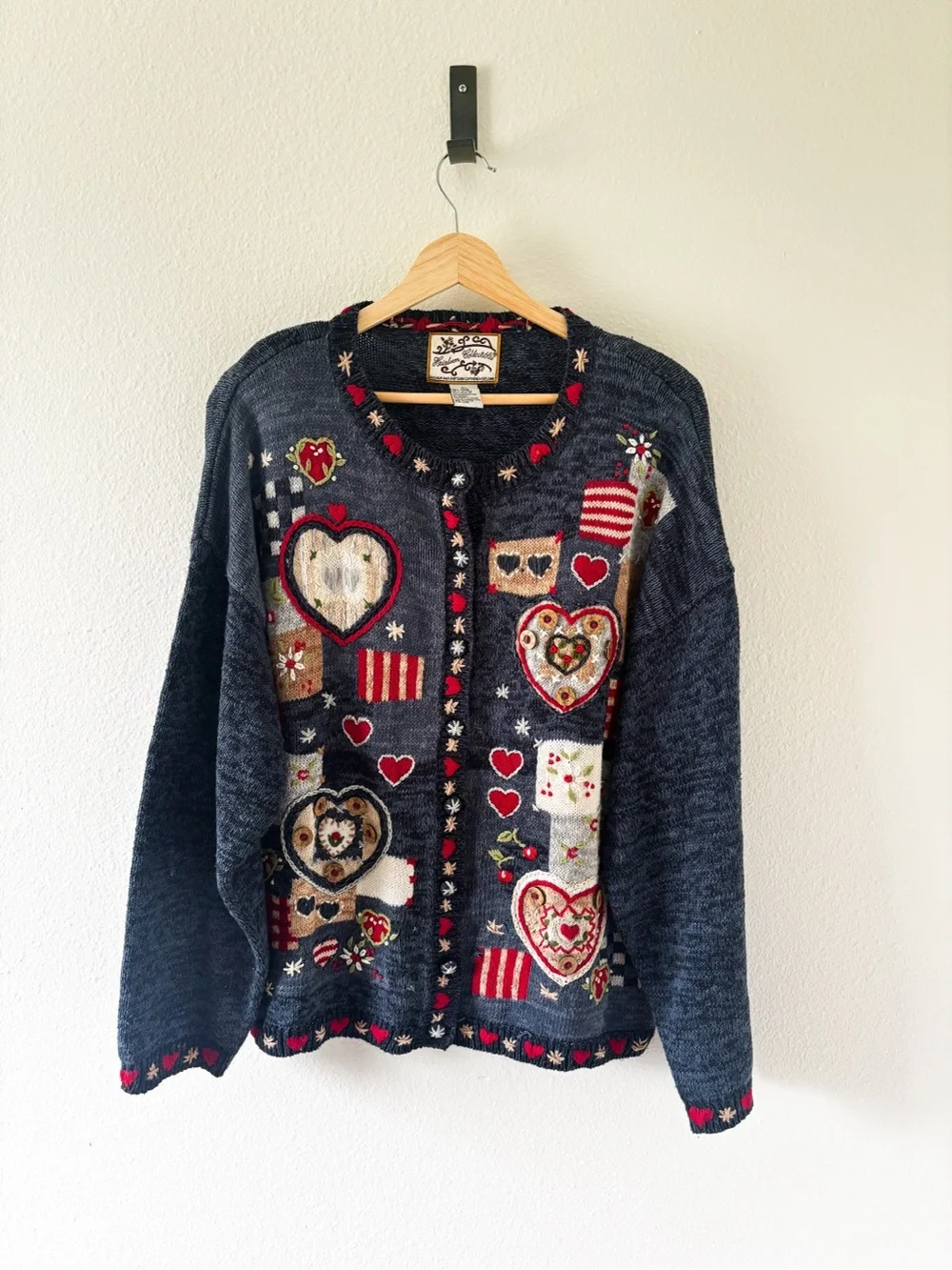 Vintage-Inspired Navy Heart Patchwork Cardigan Sweater